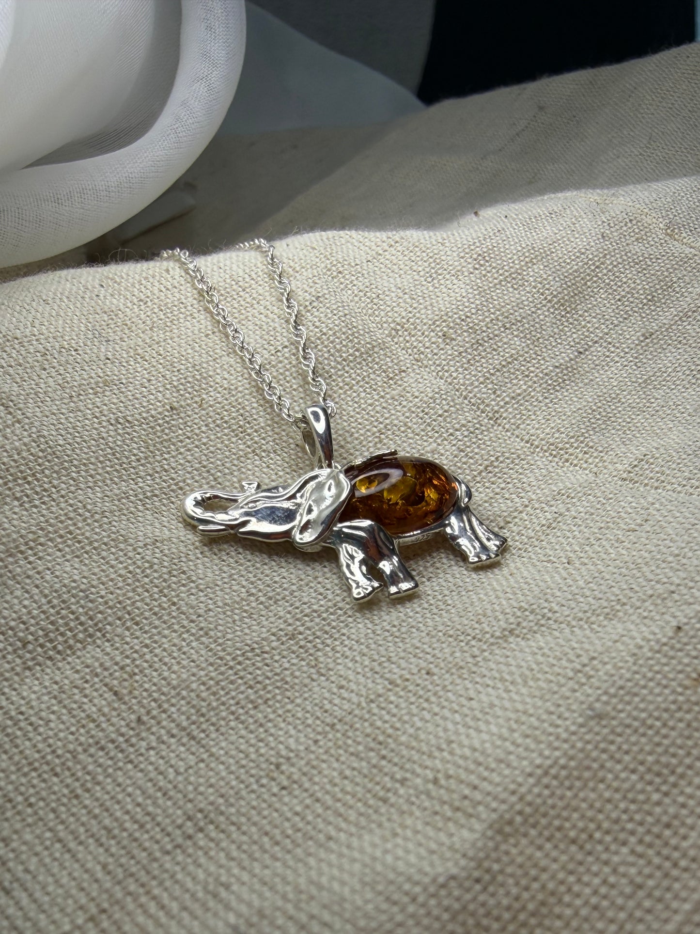 Amber Elephant Necklace On Twist Chain