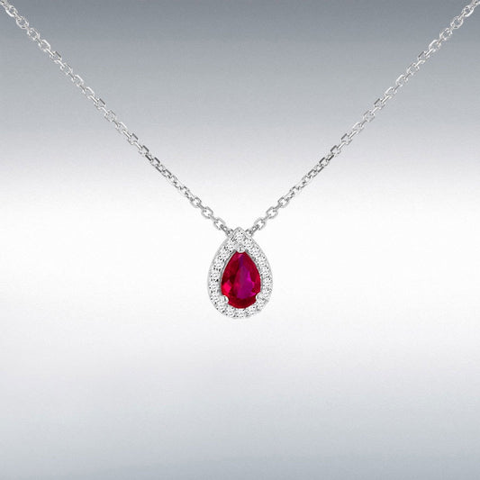 Sterling Silver 11.2mm x 8.7mm Red Teardrop And 1.2mm CZ Halo Necklace 43cm/17" - 46cm/18"