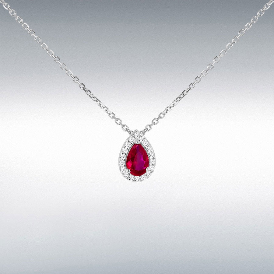 Sterling Silver 11.2mm x 8.7mm Red Teardrop And 1.2mm CZ Halo Necklace 43cm/17" - 46cm/18"