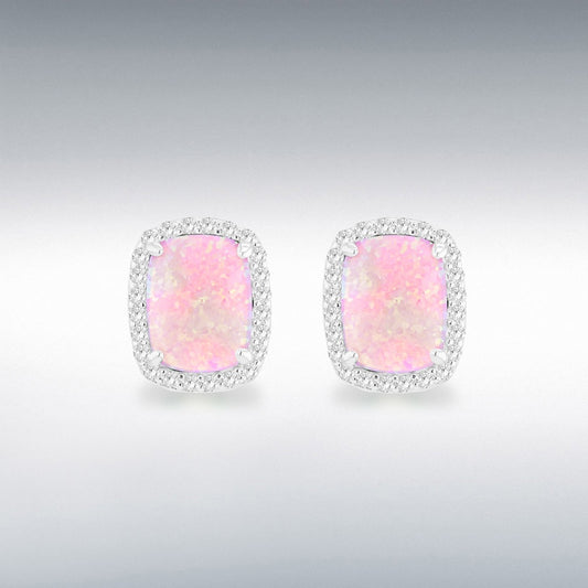 Sterling Silver Rhodium Plated Rectangle Synthetic Pink Opal and White CZ 8.5mm x 10mm Halo Stud Earrings