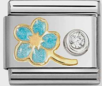 Nomination Classic Gold Enamel Baby Blue Myosotis Flower with Solitaire CZ Charm