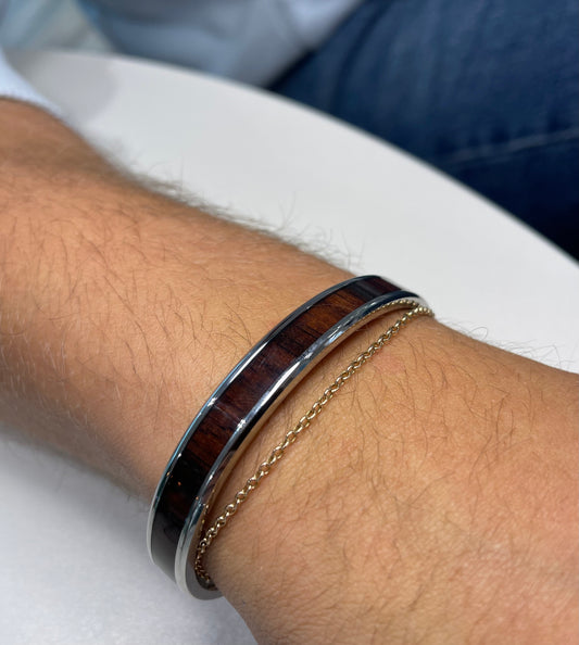 Stainless Steel Bangle with Dark Brown Wood Inlay