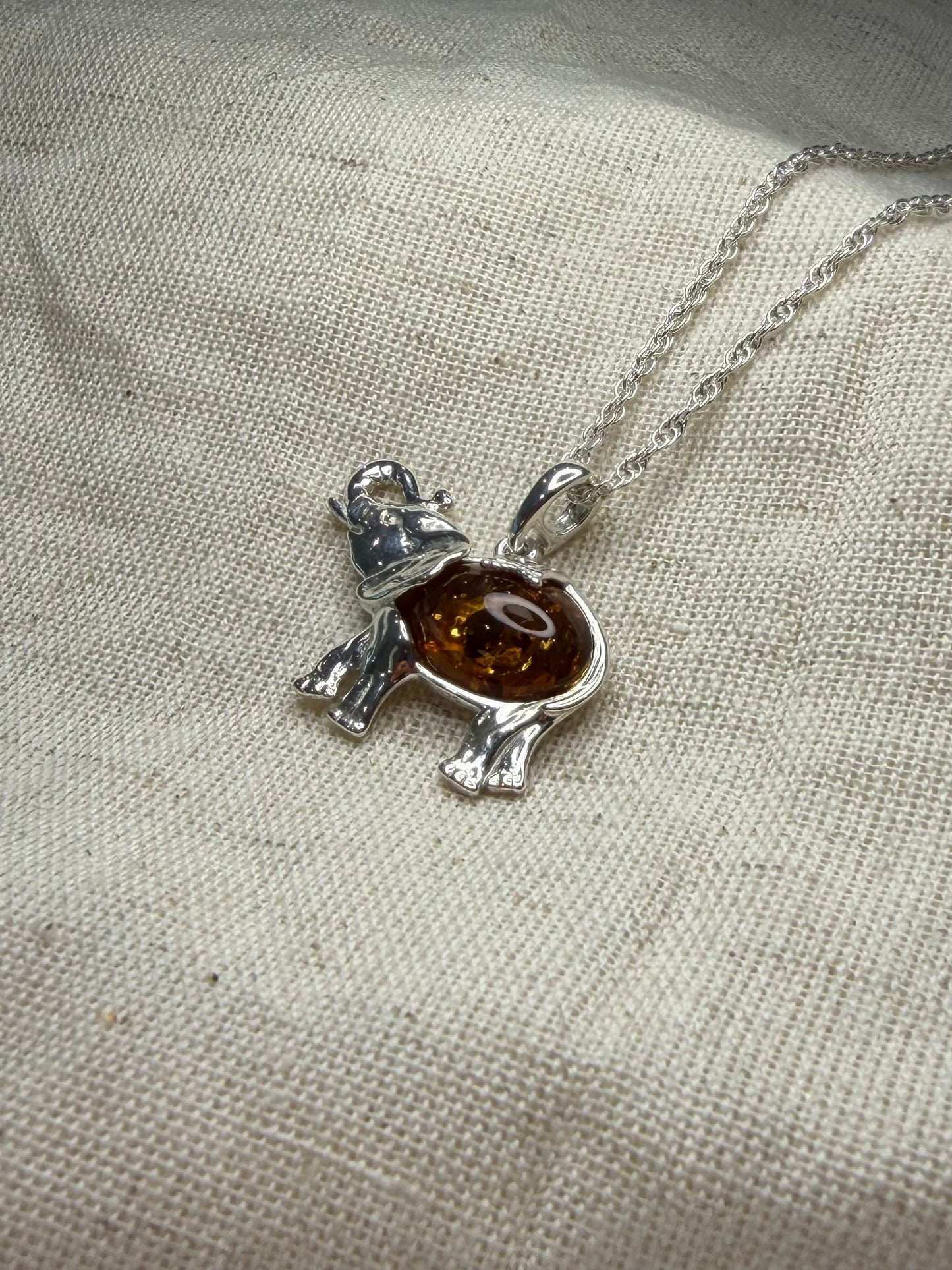 Amber Elephant Necklace On Twist Chain
