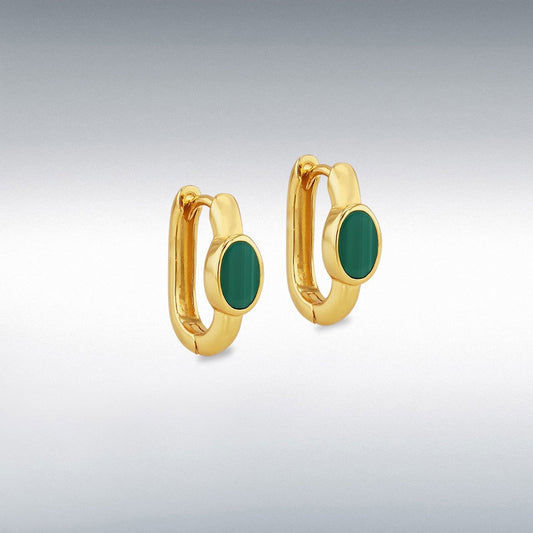 Yellow Gold Plated Oval Malachite Huggy Earrings