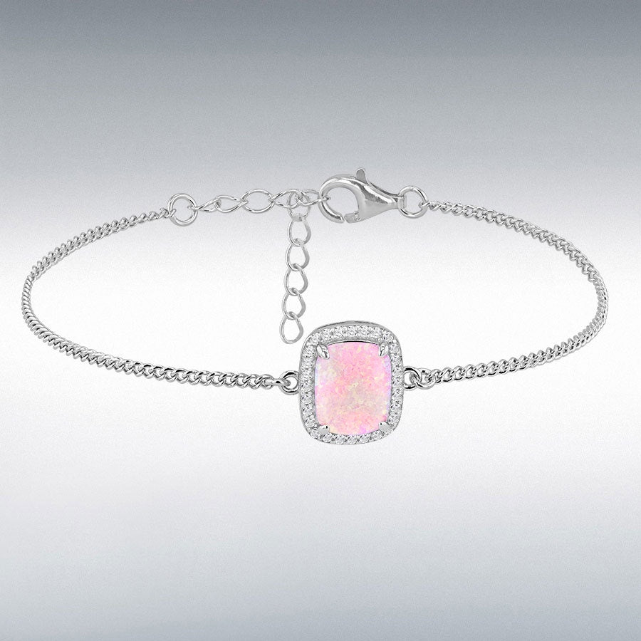 Sterling Silver Rhodium Plated Rectangle Synthetic Pink Opal and White CZ 9.5mm x 11.5mm Halo Bracelet