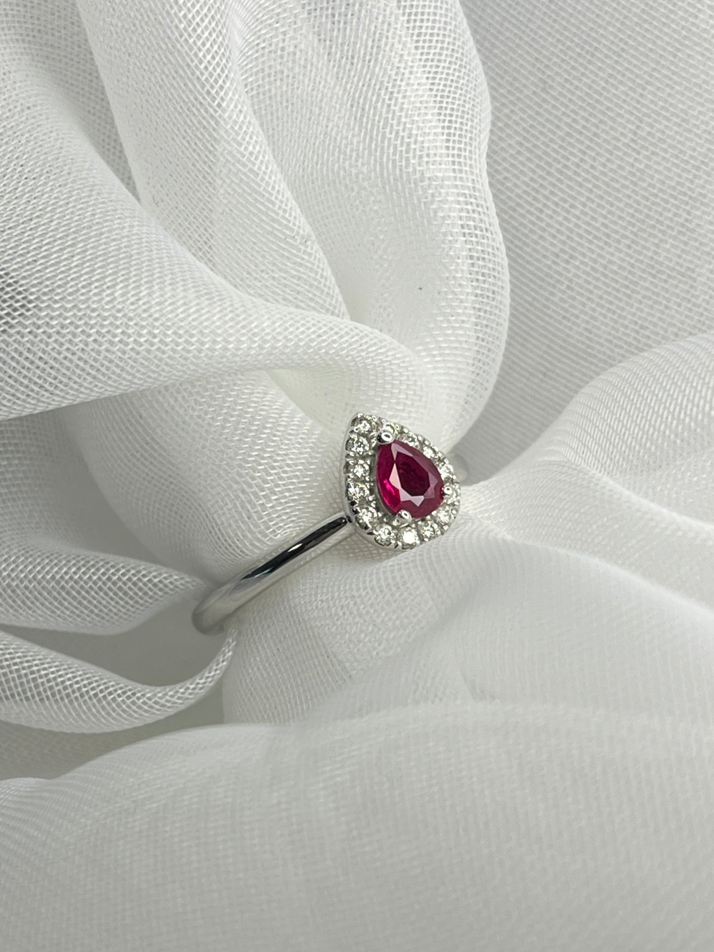 9ct White Gold Ruby & Diamond cluster Ring Pear Size M