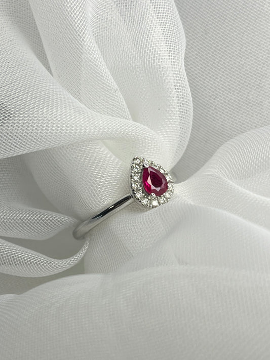9ct White Gold Ruby & Diamond cluster Ring Pear Size M