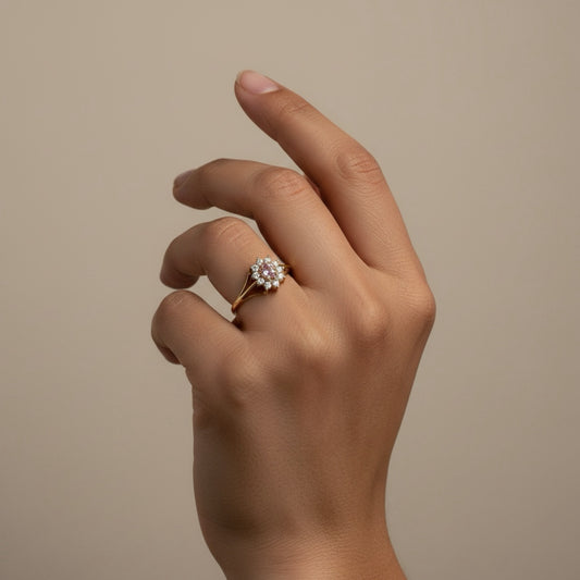 9K Yellow Gold Pink and White CZ Flower Cluster Ring SIZE P