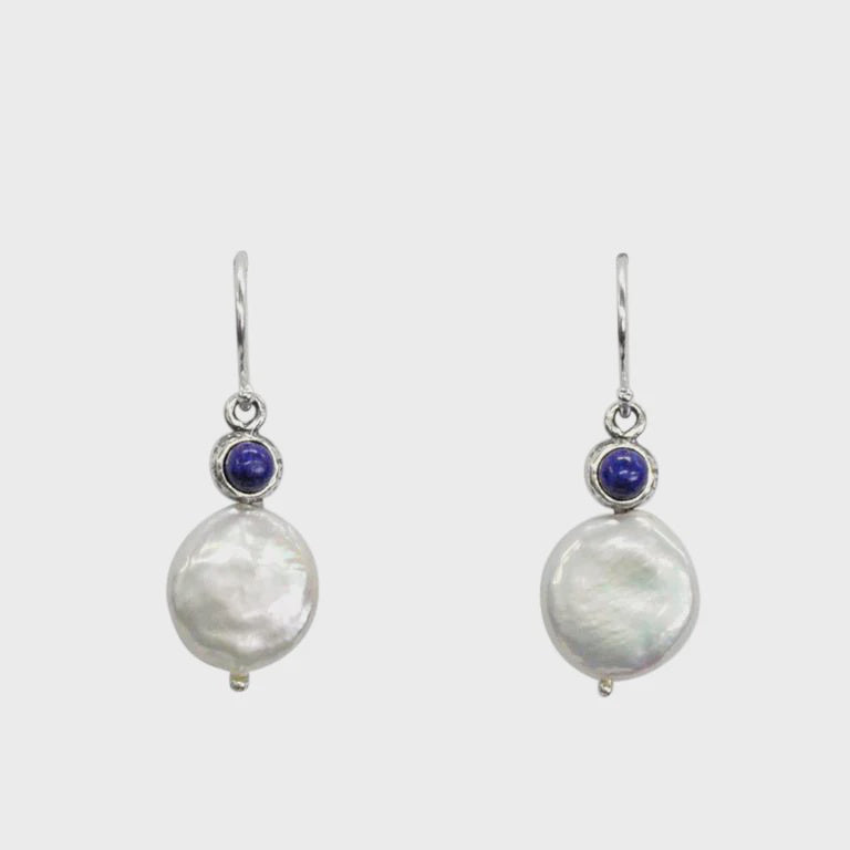 Lapis Coin Pearl Drop Earrings