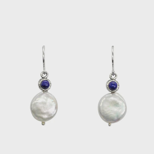 Lapis Coin Pearl Drop Earrings