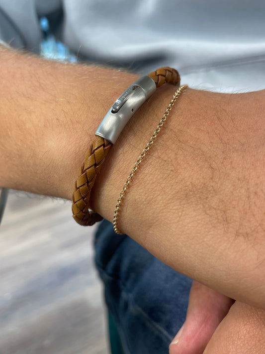 Tan Leather bracelet with Matte and Polished Steel Clasp 21cm