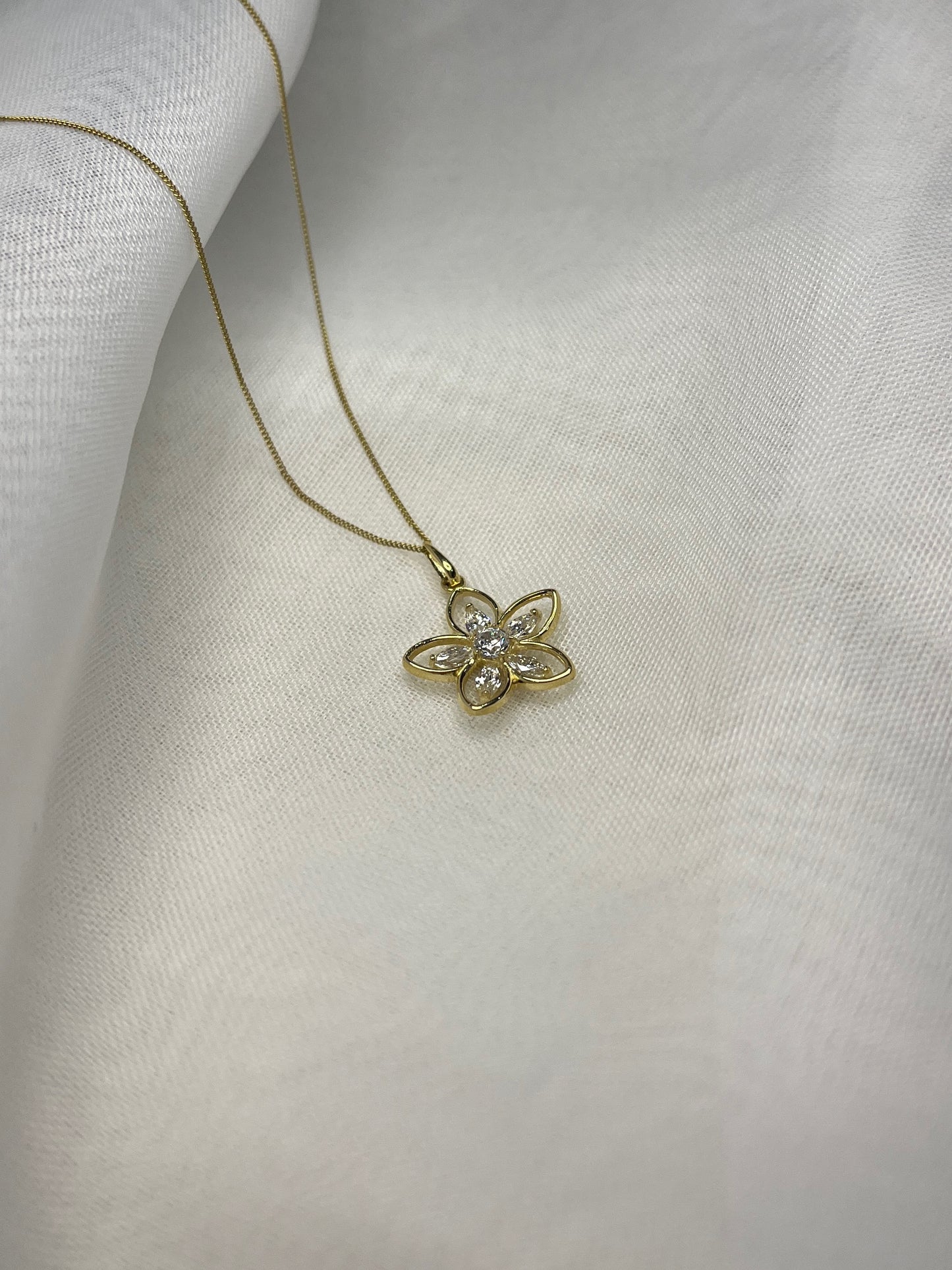 9ct Gold Open Flower Necklace With CZ Stones