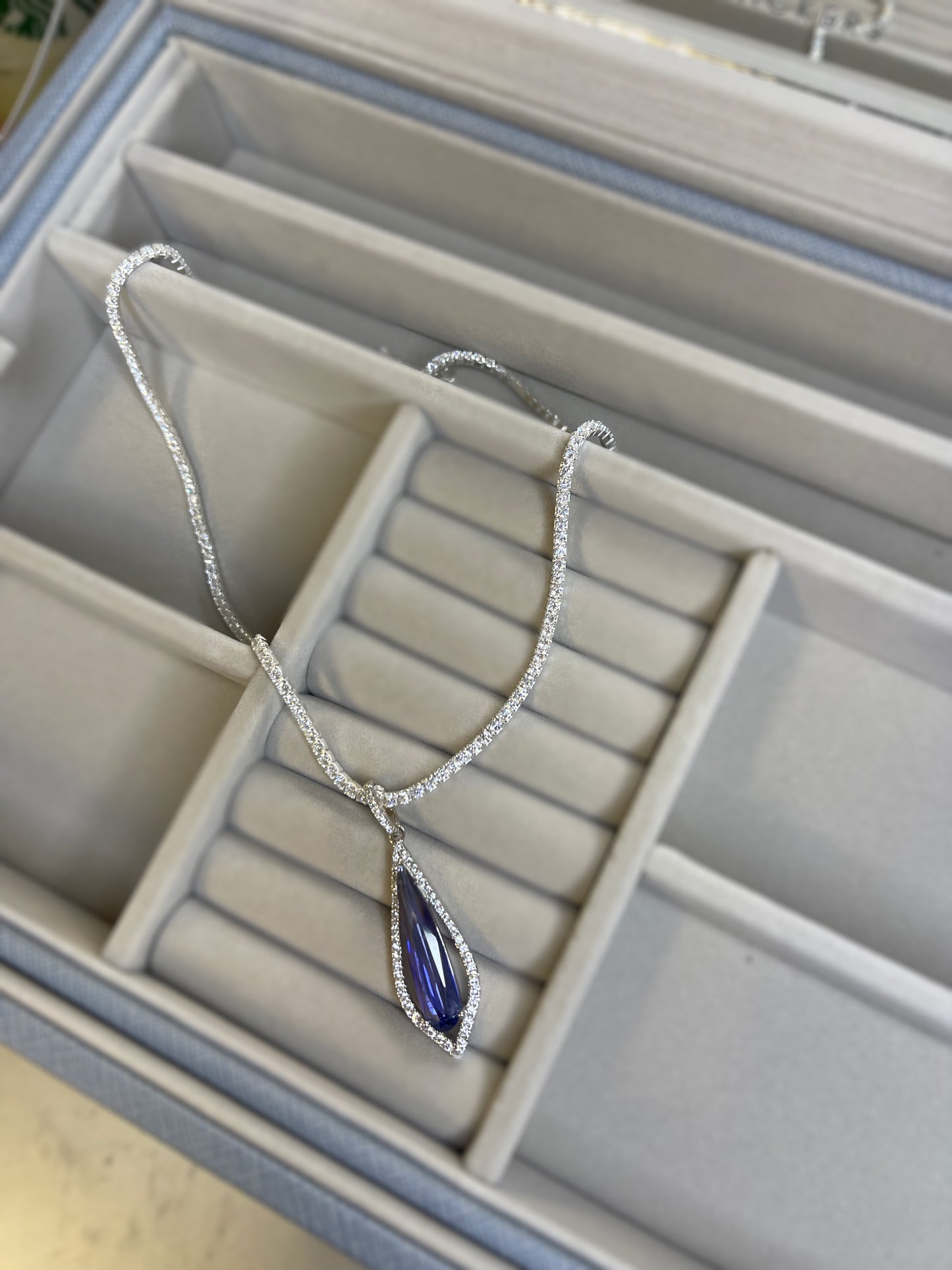 Blue Teardrop Drop Pendant On Tennis Necklace