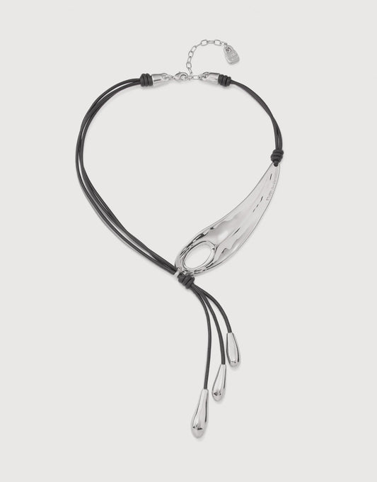 UNOde50 Leather Whip Necklace with 2 Tubules and 4 Fringes with Drops