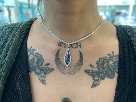 Blue Teardrop Drop Pendant On Tennis Necklace