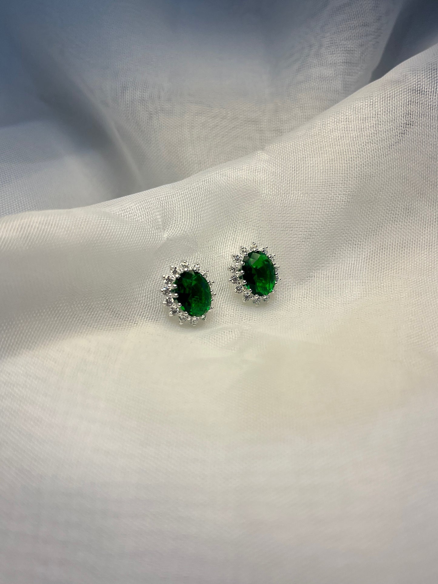 Sterling Silver Oval Cluster Earrings with Green Stone