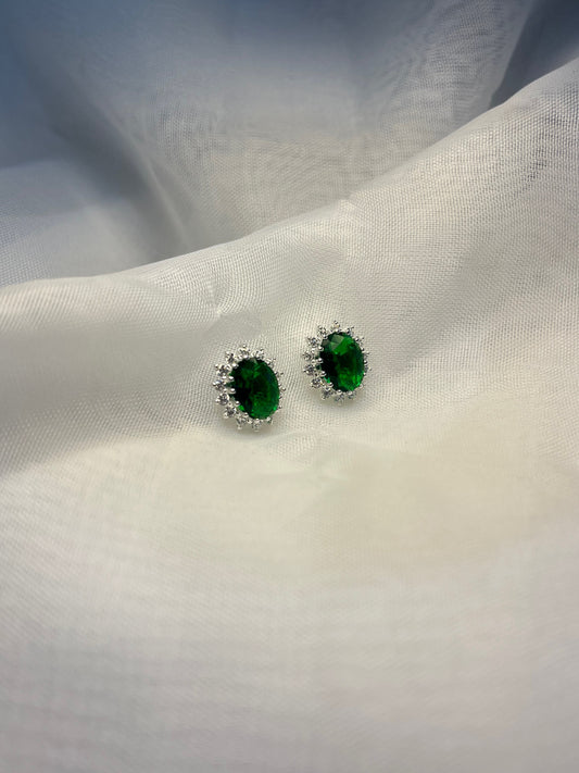 Sterling Silver Oval Cluster Earrings with Green Stone