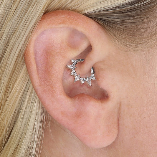 Single rhodium plated sun ray cubic zirconia daith hoop