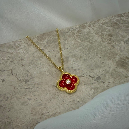 Gold Plated Red Enamel Quatrefoil Necklace