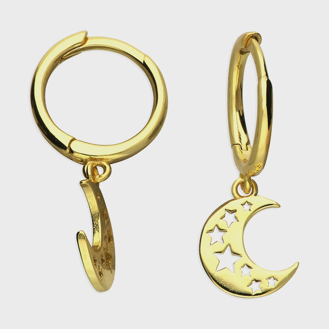 Gold plated hoop earrings feature crescent moon charms with star cut-outs