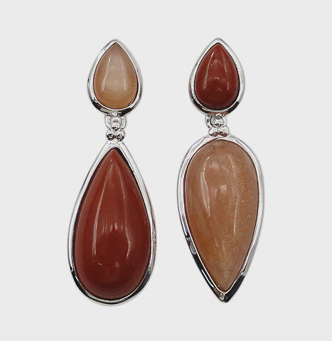 Statement Orange Moonstone and Jasper Assymetric Silver Drop Earrings.