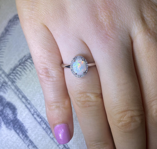 Oval Opal Ring with Diamond Cluster