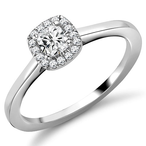0.26ct Cushion cut centre with round brilliant  9ct White GoldSize M 1/2