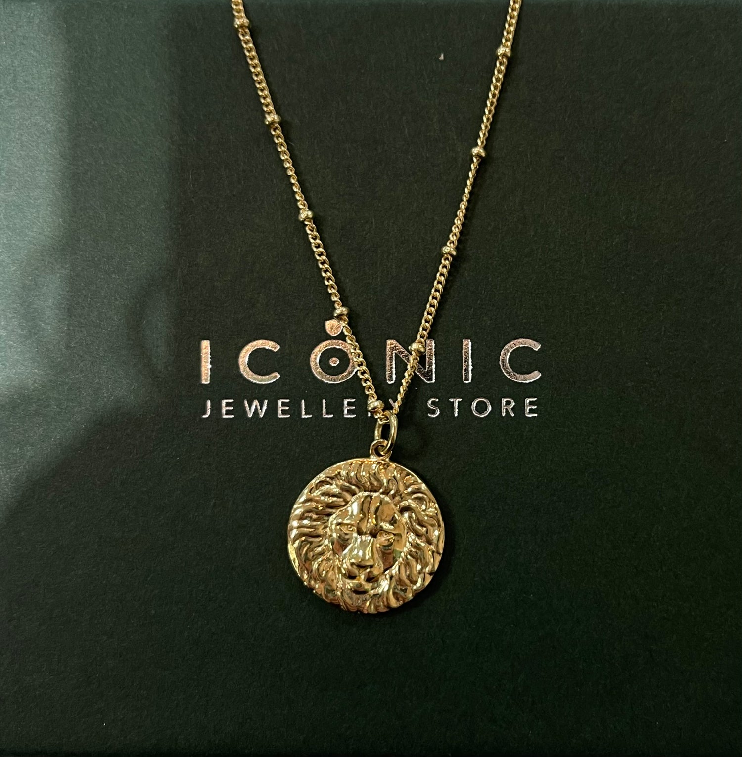 Gold Plated Lion Head Coin Necklace On Beaded 51cm Chain