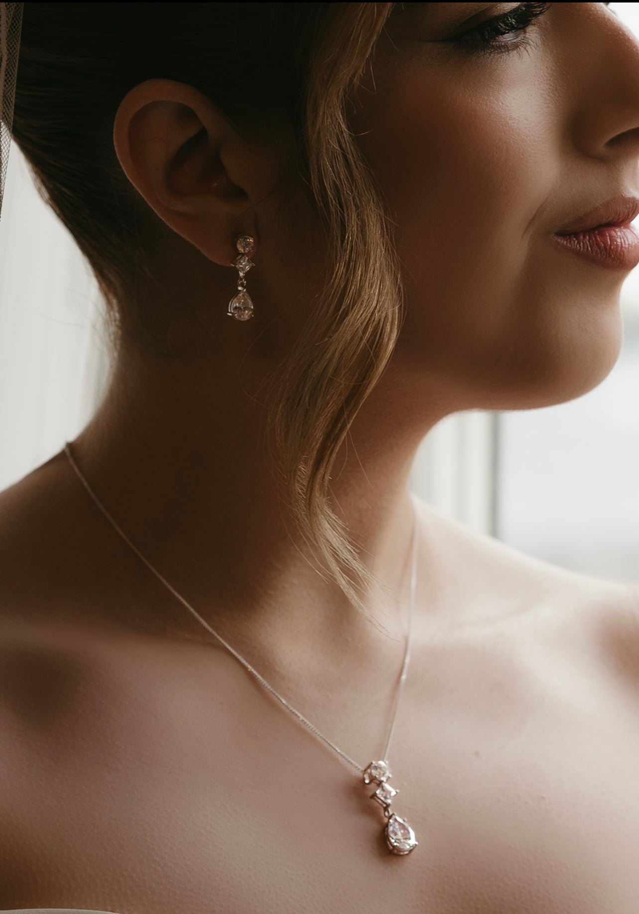 Cubic Zirconia round princess pear drop earrings