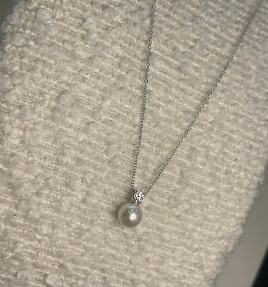 SILVER  FRESH WATER PEARL/CZ NECKLET 8MM
