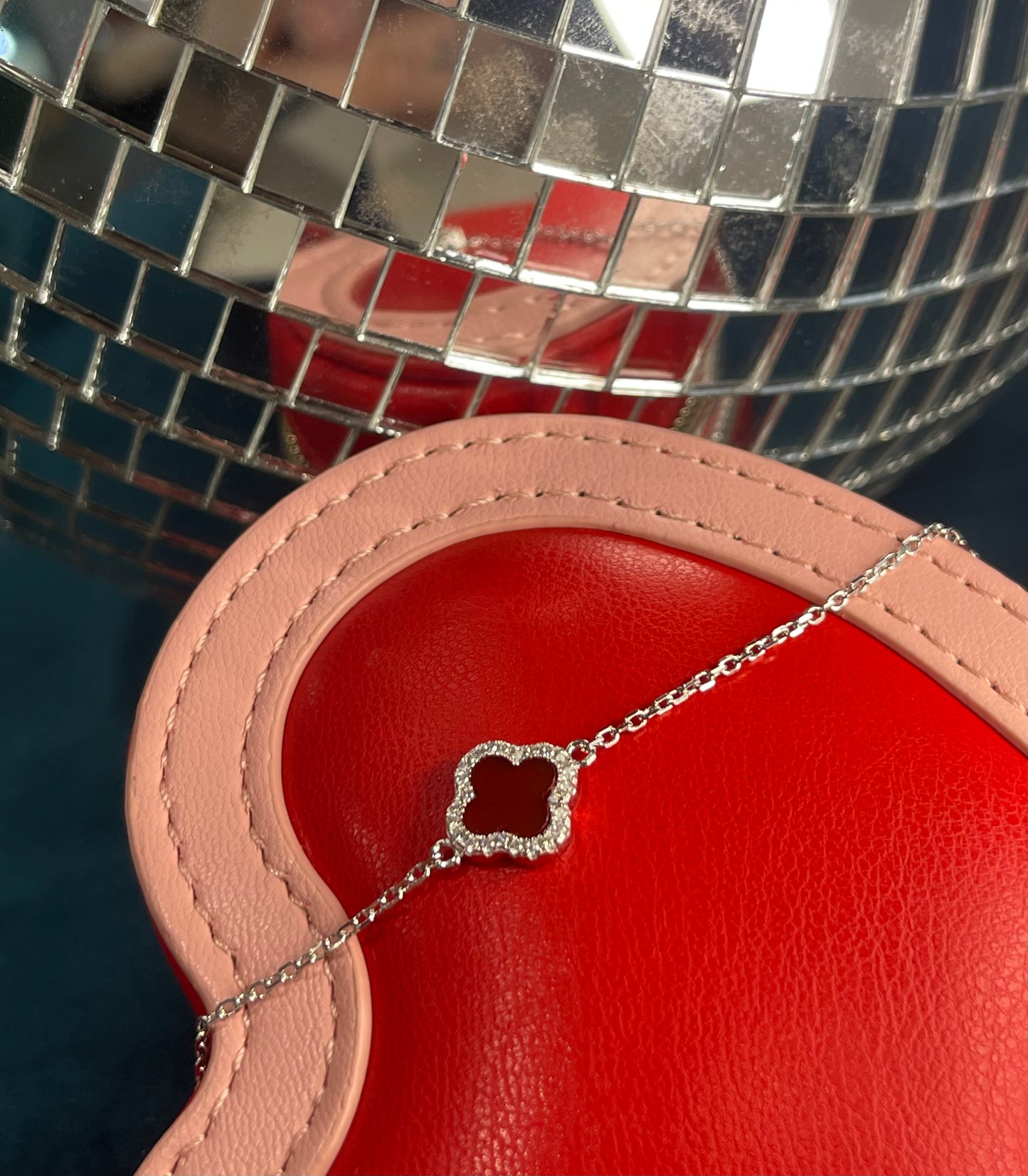 Sterling Silver Rhodium Plated 11mm Clover Red Agate and 1.1mm White CZ Adjustable Bracelet 16cm/6.25" 19cm/7.5"