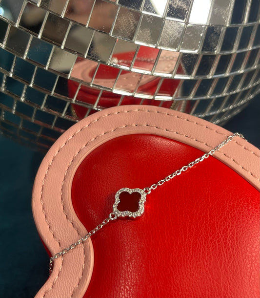 Sterling Silver Rhodium Plated 11mm Clover Red Agate and 1.1mm White CZ Adjustable Bracelet 16cm/6.25" 19cm/7.5"