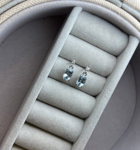 Oval Aquamarine and Diamond Drop White Gold Earrings