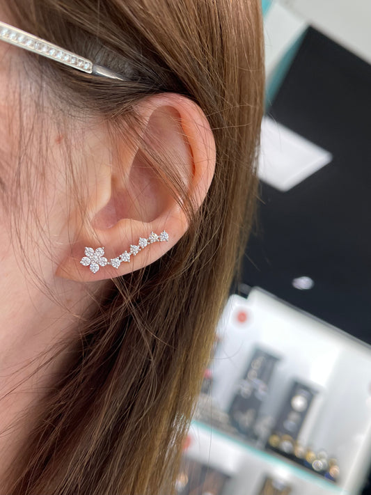 Rhodium Plated Flower Comet Crawler Earrings