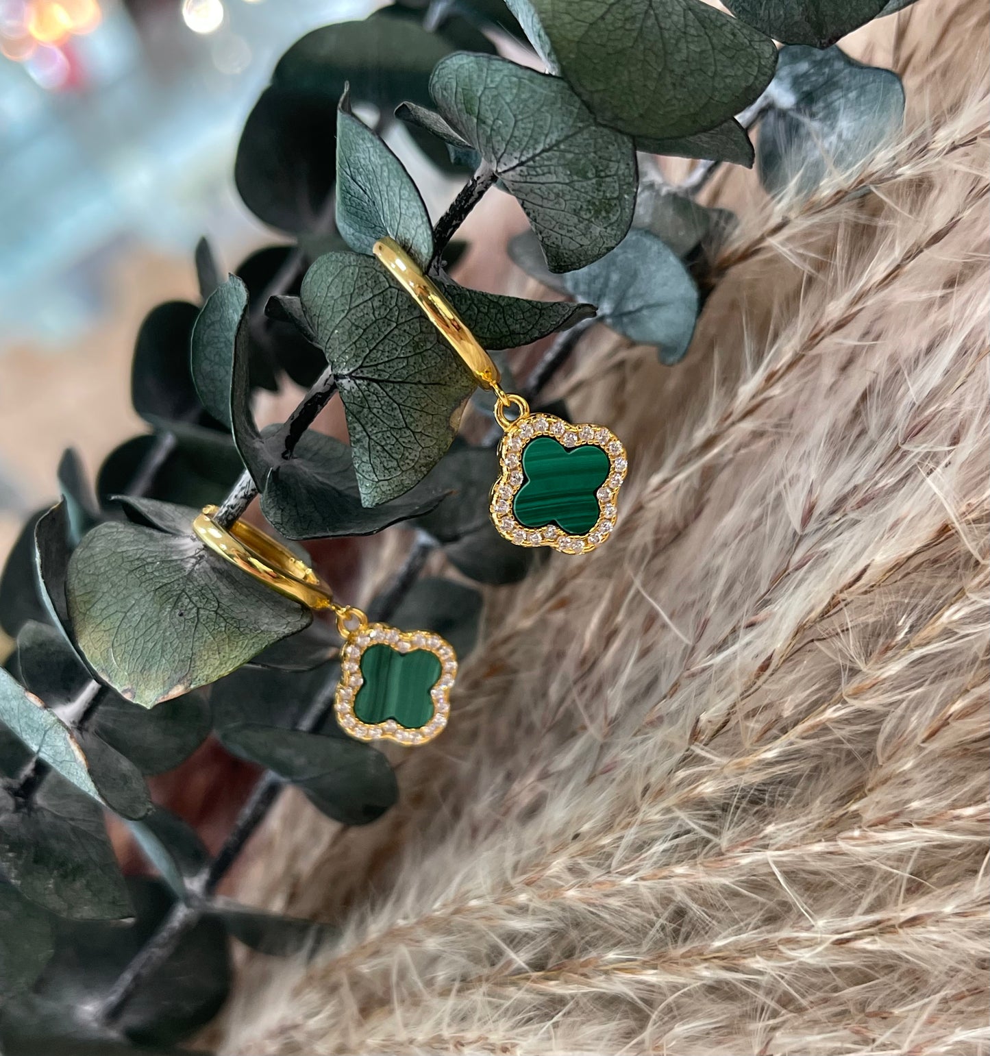 Yellow Gold Plated Clover Malachite Huggy Earrings