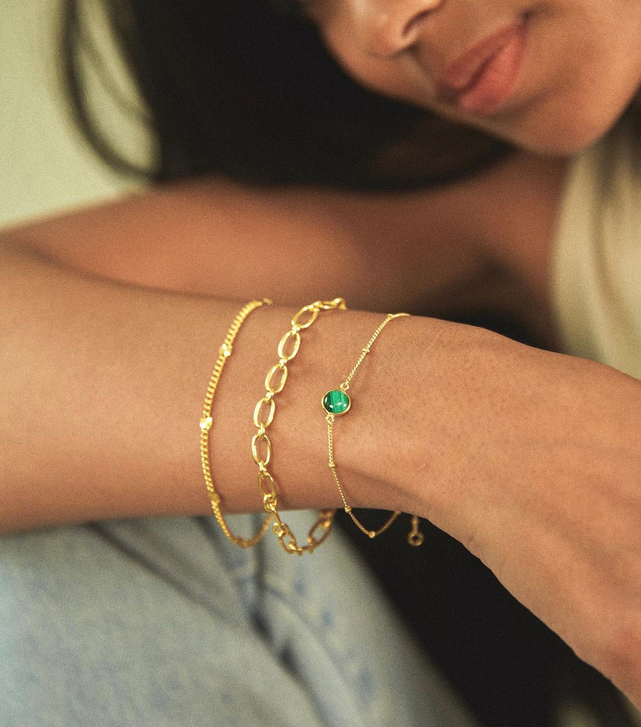 MALACHITE HEALING STONE BOBBLE BRACELET GOLD PLATE