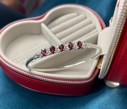 Sterling Silver Bangle with Genuine Garnets