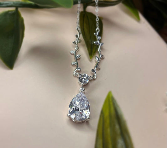 Sterling Silver Necklace - 41-46cm Extender. Cubic zirconia teardrop leaf