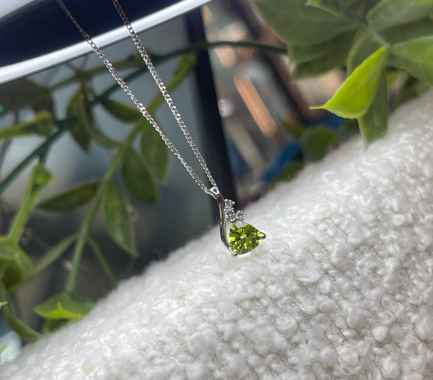 9ct White Gold Peridot And Diamond Trillion Necklace