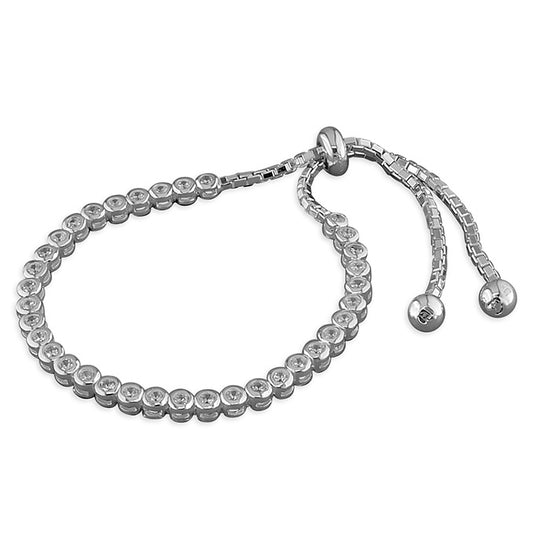 Sterling Silver Cubic Zirconia Rub-Over Tennis Slider Bracelet