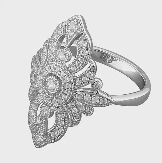 Sterling Silver Large Cubic Zirconia Art Deco Vintage Style RING