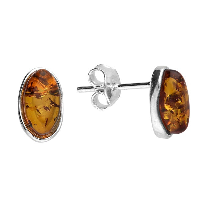 925 Sterling Silver Oval Cognac Amber Stud