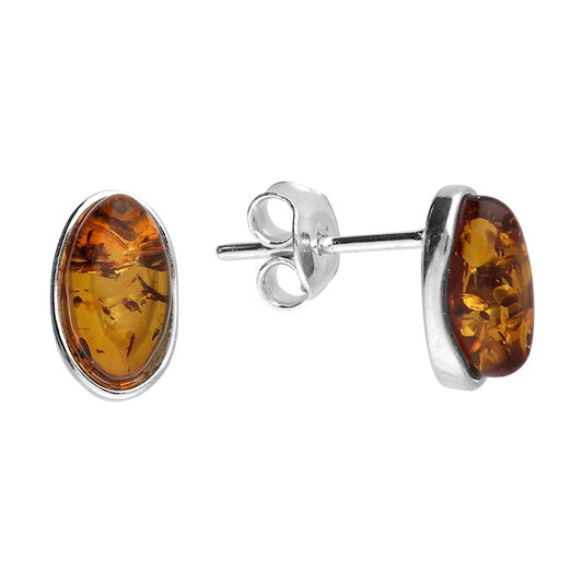 925 Sterling Silver Oval Cognac Amber Stud