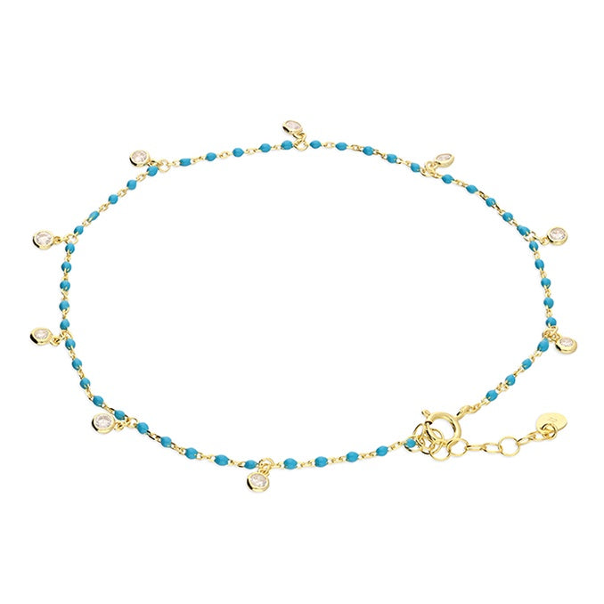 Sterling Silver Yellow Gold-Plated Turquoise Enamel Bead Chain Cubic Zirconia Charm Anklet