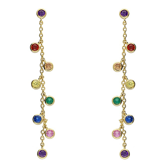 Yellow Gold-Plated Rainbow Cubic Zirconia Droplets Chain Drop Earrings