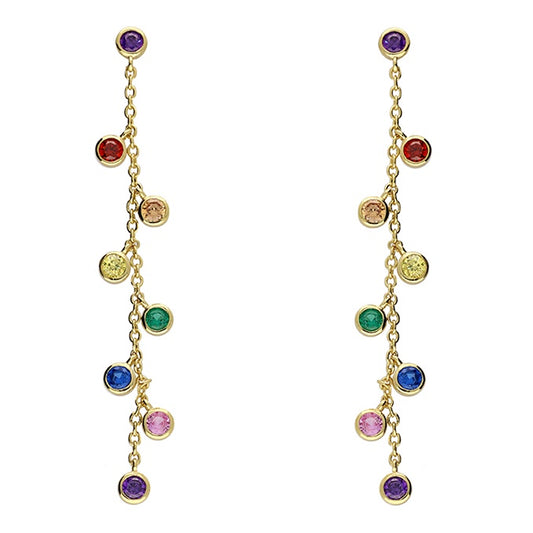Yellow Gold-Plated Rainbow Cubic Zirconia Droplets Chain Drop Earrings