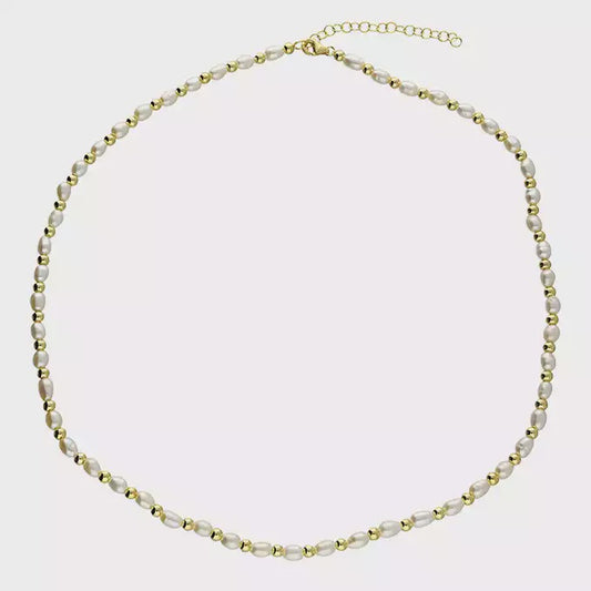 Alternate bead and oval freshwater pearl necklace Gold Plated