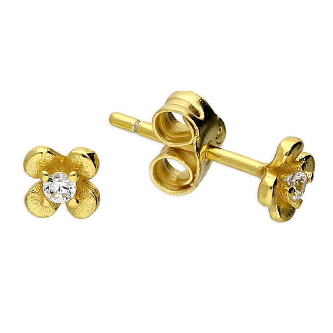 Yellow Gold Plated Tiny Cubic Zirconia Flower Stud Earrings