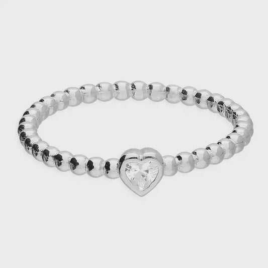 Sterling Silver Ring Cubic Zirconia Mini Heart on a Beaded Band