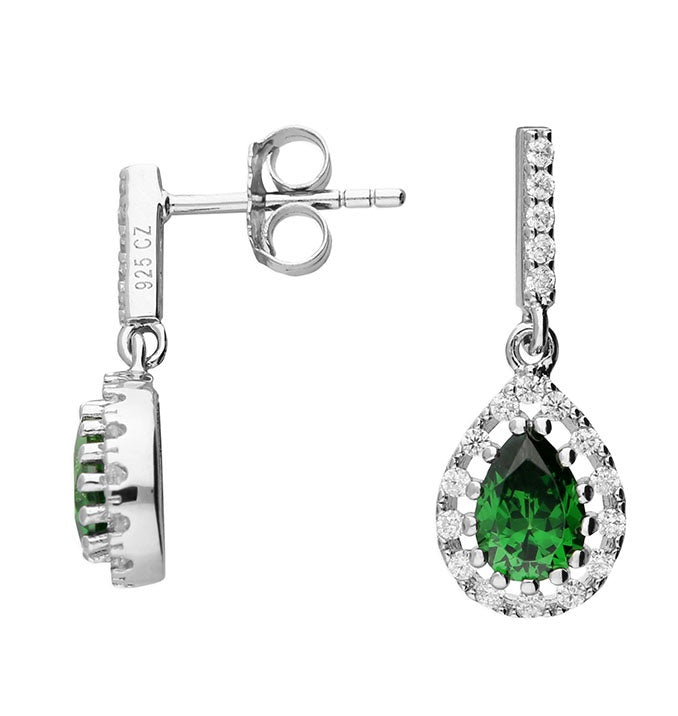 Sterling Silver Green Spinel and White Cubic Zirconia Pear Shape Halo Stud Drop Earrings